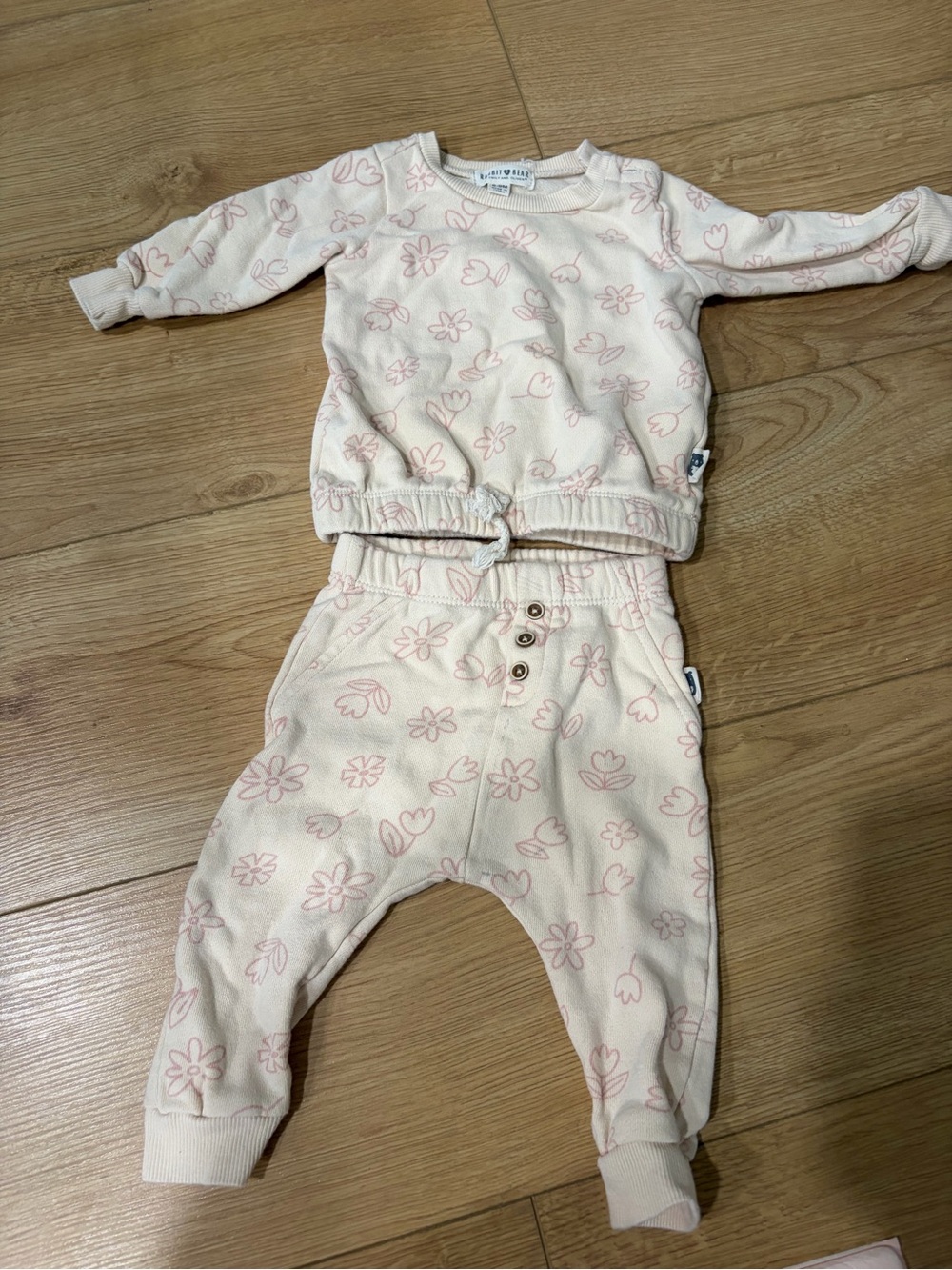 Cream with pink flower design matching sweat pants and sweater set
